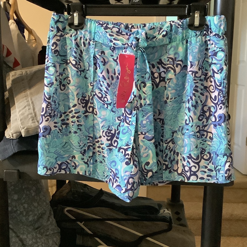 Lilly Pulitzer Light Aqua and Navy Mylee Tie front short, 4‎